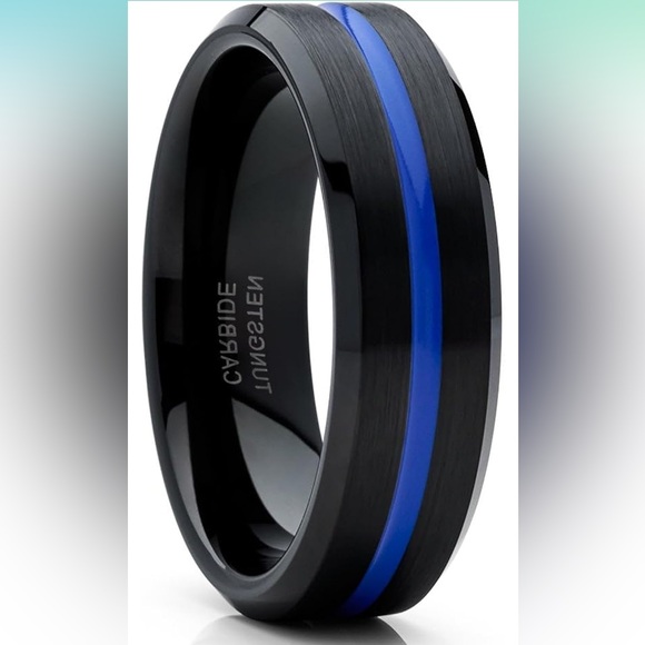 Tungsten Carbide Black Blue Center Groove Beveled Edge Ring - Picture 10 of 10